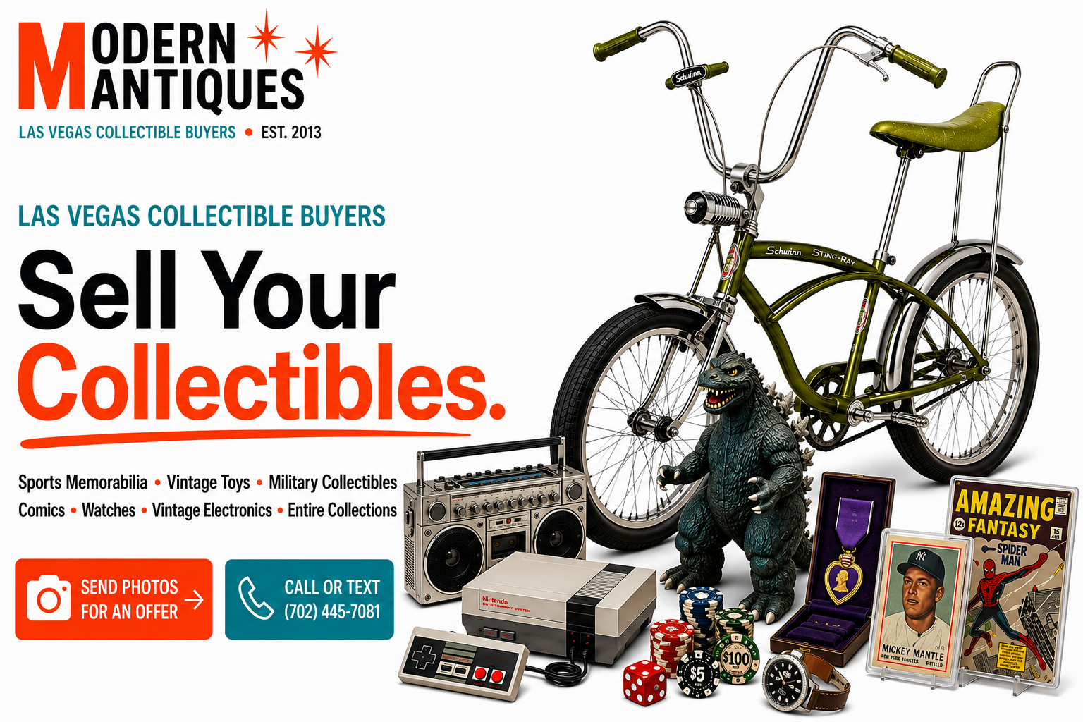 Modern Mantiques collector artwork featuring a Schwinn Sting-Ray bicycle, a Sinclair sign, a vintage boombox, military medal, comic, sports card, casino chips, and vintage collectibles.