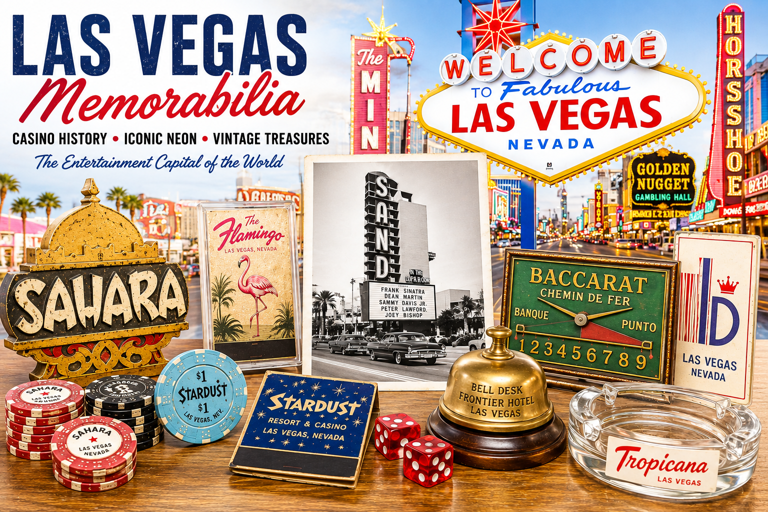 Las Vegas casino memorabilia with vintage neon, chips, signs, and gaming artifacts