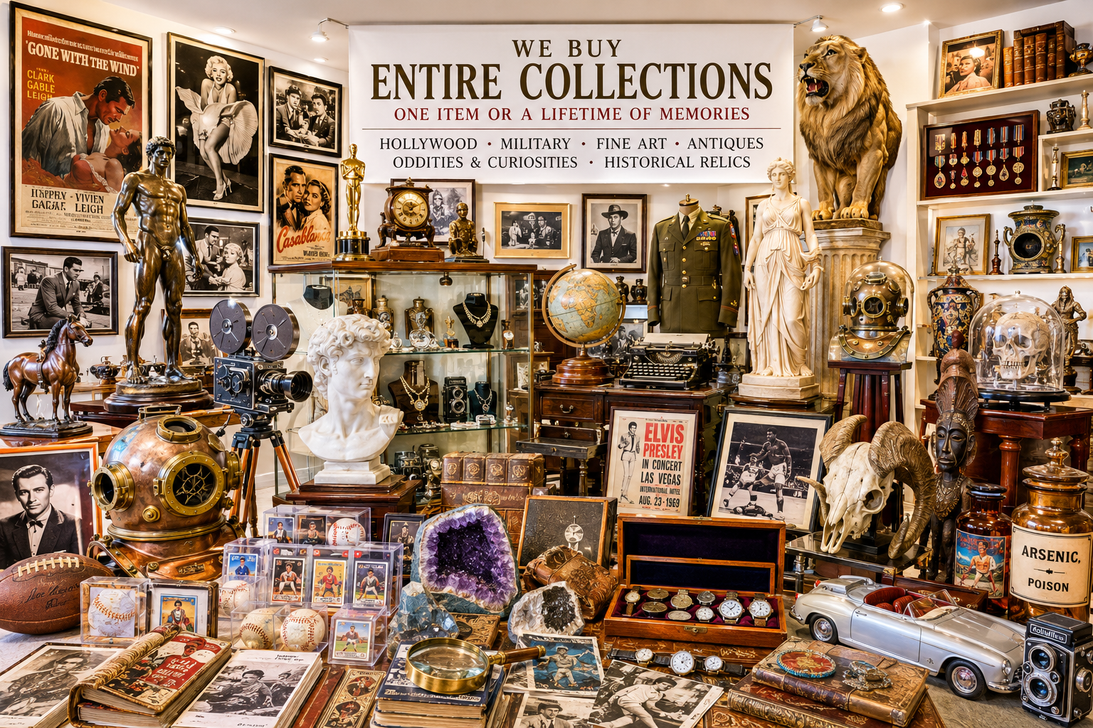 Entire collection display of historic photographs, militaria, art, antiques, sports pieces, and unusual objects