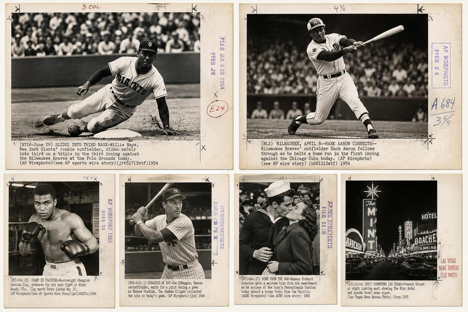 Historic wire photographs featuring baseball, boxing, Hollywood, and Las Vegas scenes