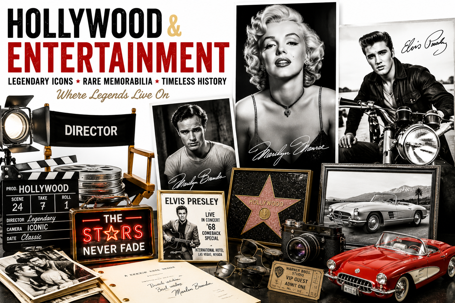 Hollywood and entertainment memorabilia display with classic film, music, and studio artifacts