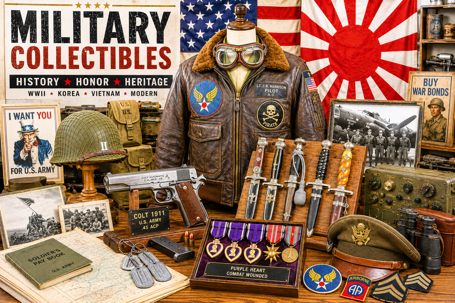 Military collectibles display with aviation jacket, medals, uniform pieces, and field equipment