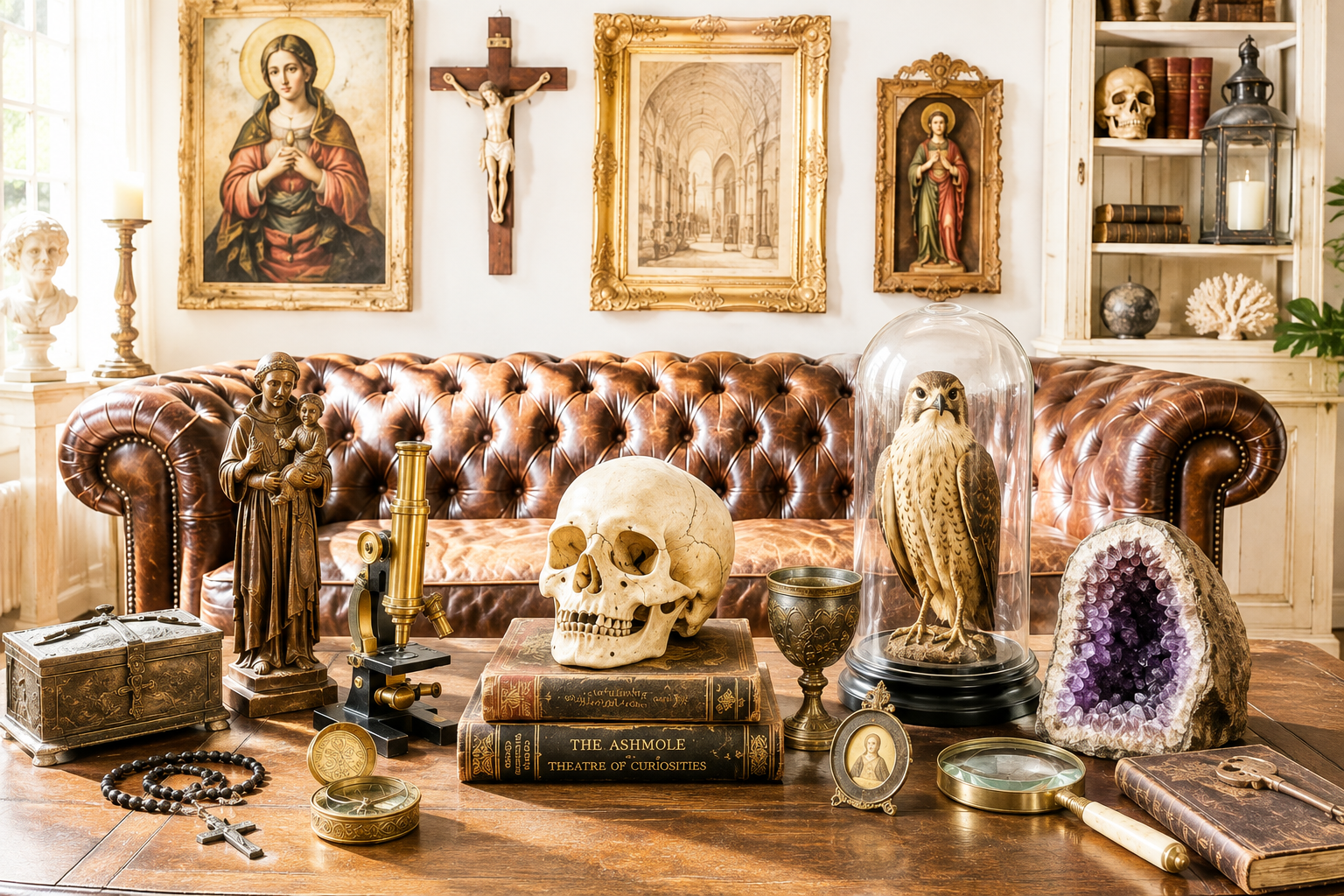 Oddities and curiosities display with religious artifacts, scientific instruments, rare natural objects, and historic decorative pieces