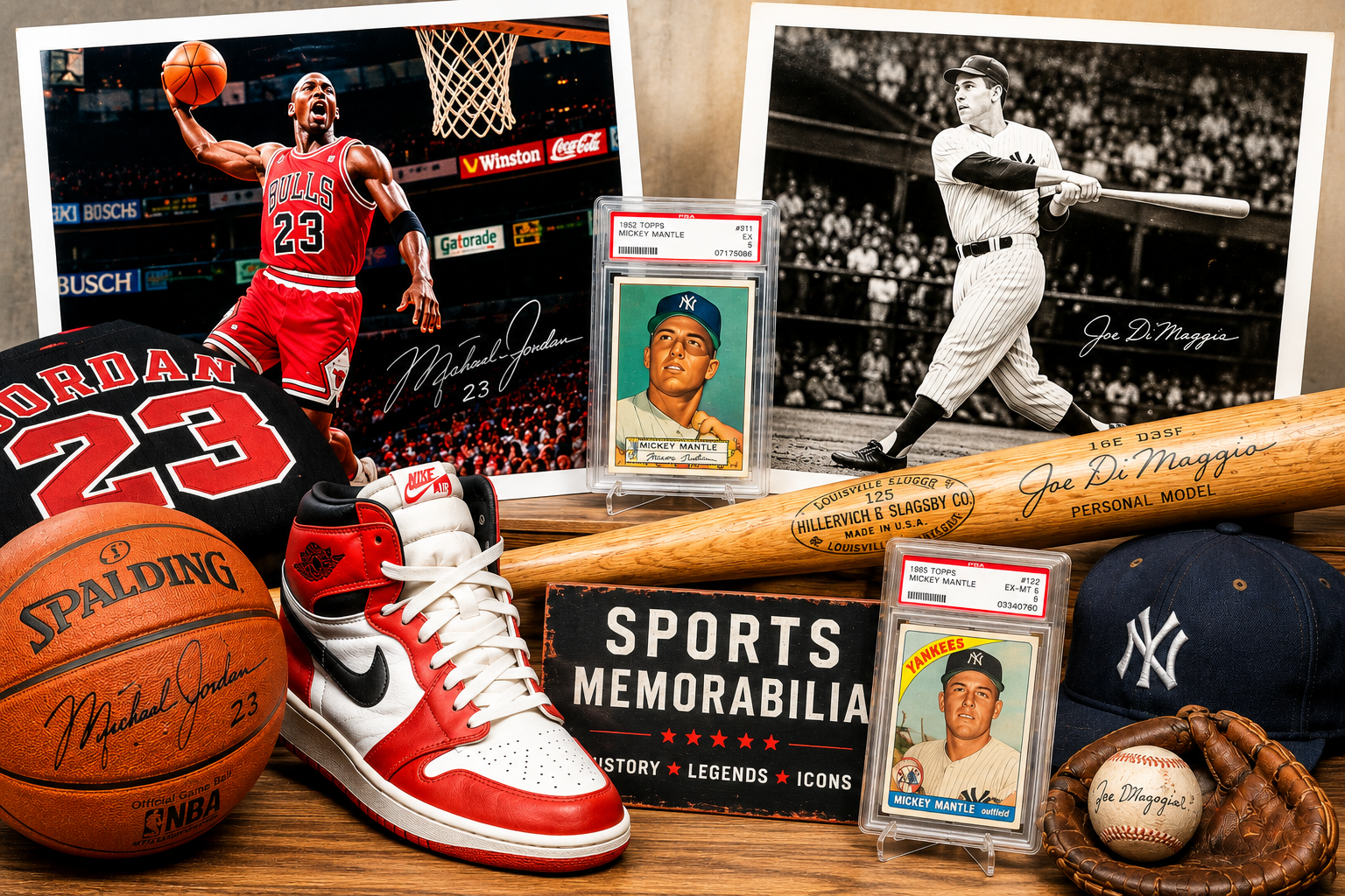 Sports memorabilia display with basketball, baseball cards, autographed equipment, and vintage sports photographs