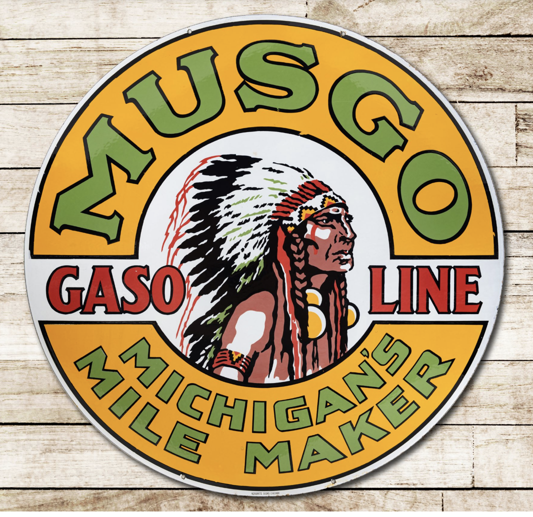 Vintage Musgo gasoline sign advertising the Musgo Gasoline Line and Milkshake Mile Maker