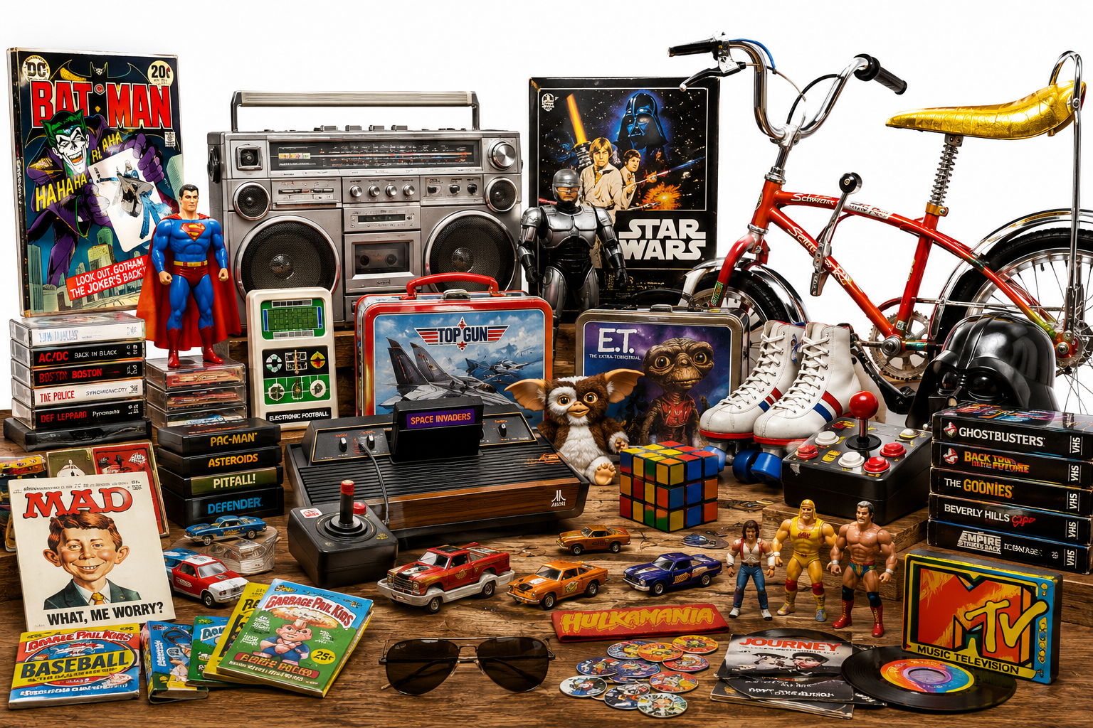 Vintage toys and pop-culture display with comics, arcade games, electronics, and collectibles